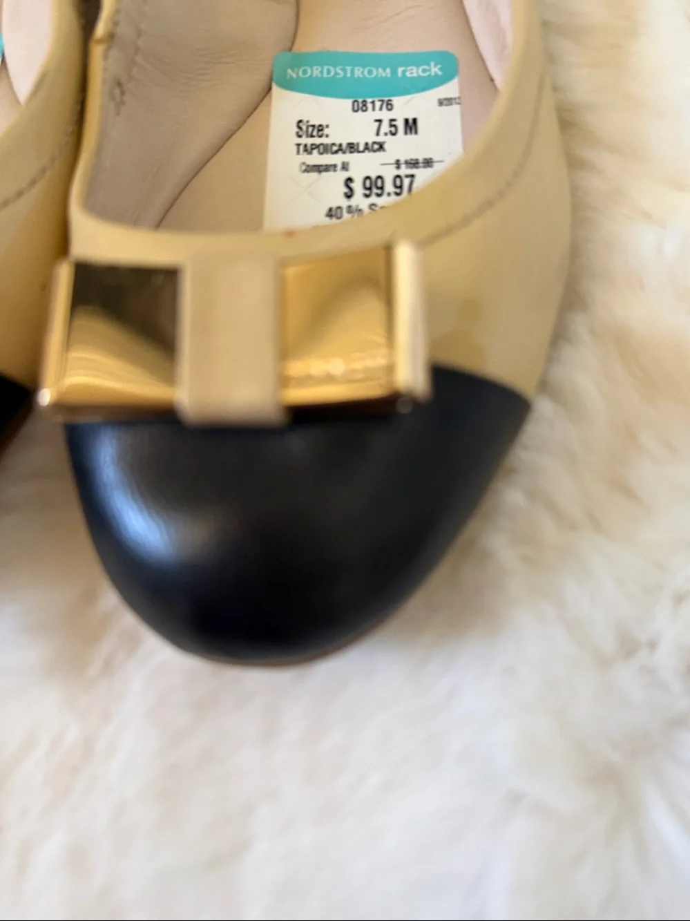 Coach Two-Tone Patent Leather Ballet Flats in Beige and Black with Gold Bow
